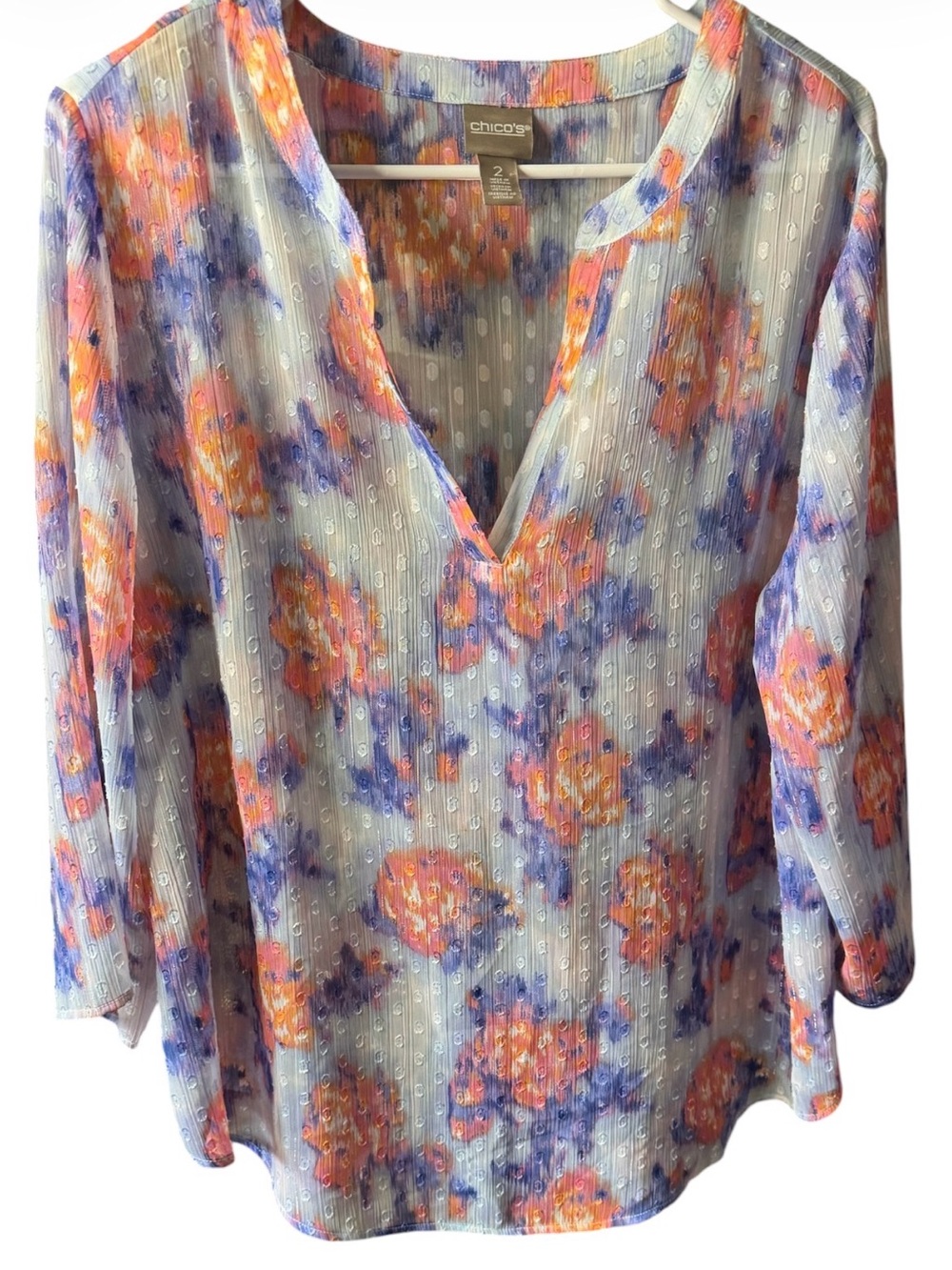 Chico's Sheer Floral V-Neck Tunic periwinkle and coral